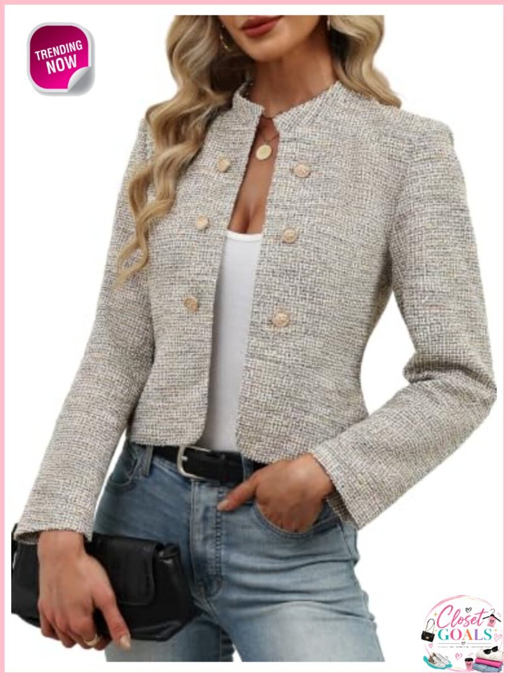 Tweed Stand Collar Slim Fit Cropped Blazer Long Sleeve Business Casual